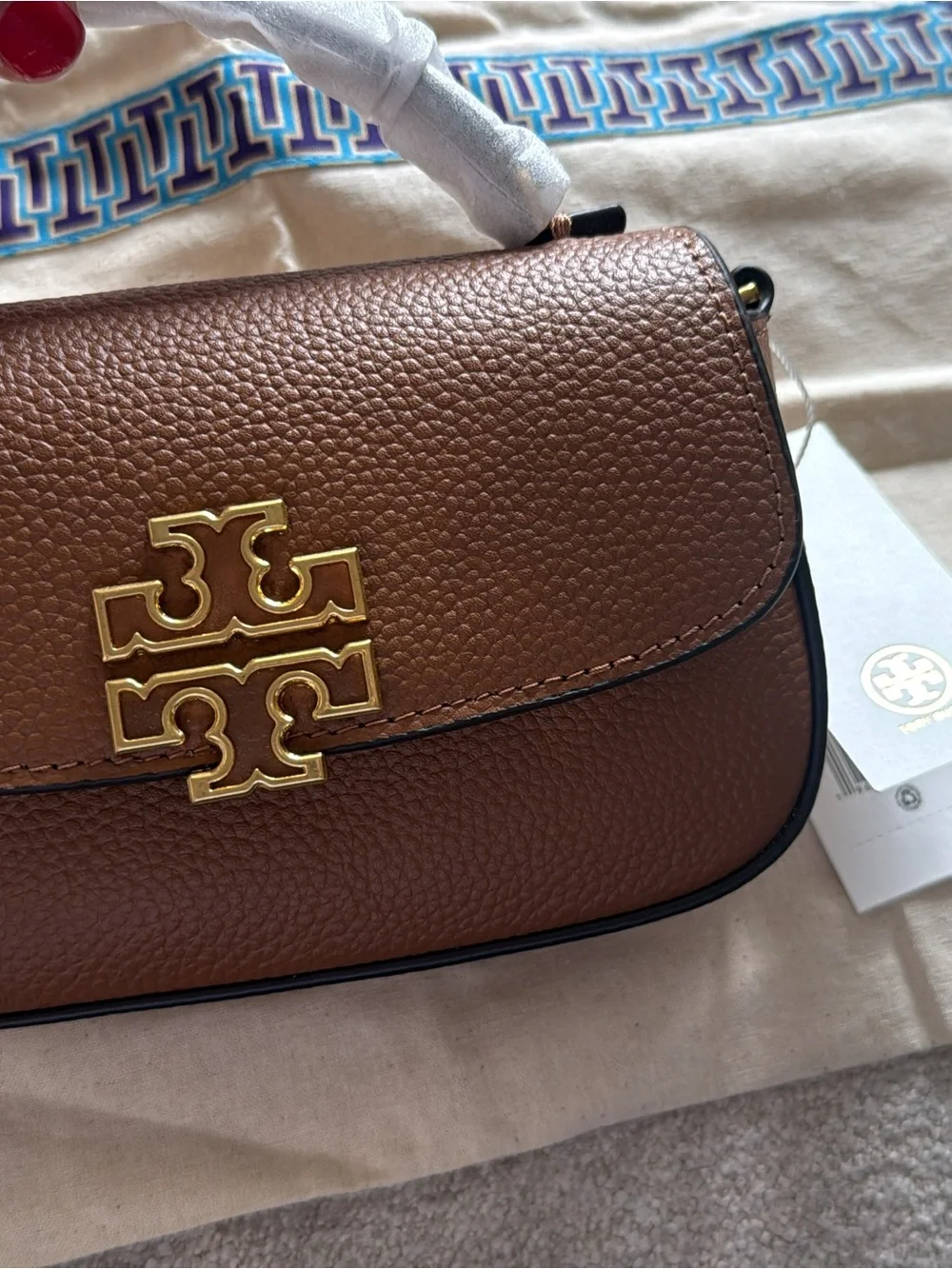 Tory Burch Tan mini Pebbled Leather Shoulder Bag with Gold Logo